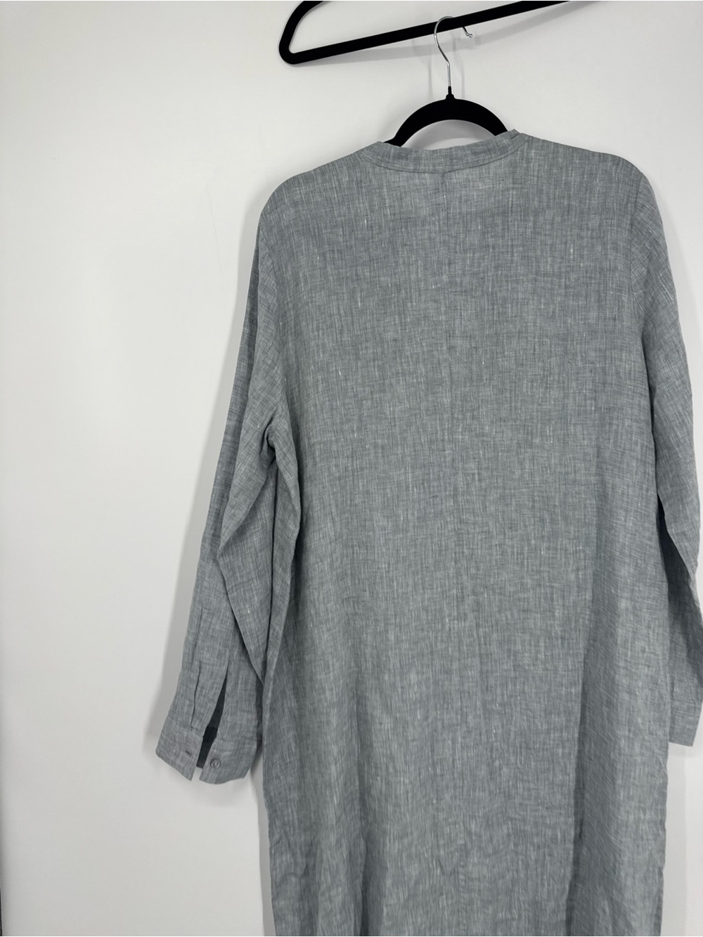 Eileen Fisher Mandarin Collar Organic Linen Shirt Dress Gray High Low Size L - Picture 12 of 14